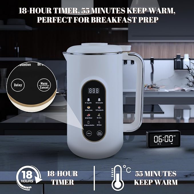 8-IN-1 Nut Milk Maker Machine, 50 oz Soy Milk Maker with LED Touch Screen for Hot/Cold Almond Soybean Milk Maker, 18 Hours Timer/Self-Cleaning/Keep Warm Homemade Oat/Nut/Juice Blender
