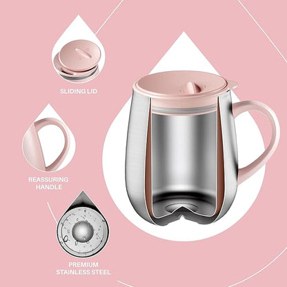 Ideus 16 oz Insulated Coffee Mug with Handle and Lid, Double Wall Stainless Steel Vacuum Thermal Coffee Mug, Travel Coffee Cup Thermal Cup for Home and Office, Sakura Pink