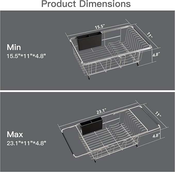 Over the Sink Expandable Dish Drainer Drying Rack In Stainless Steel for Small Kitchen, Counter Space Saving Modern Compact Metal Above Plate Dryer Strainer, Adjustable Hanging Inside Drain Holder