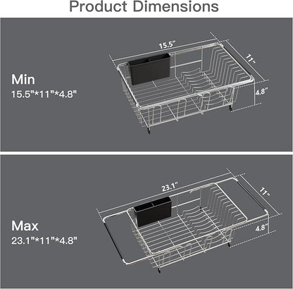Over the Sink Expandable Dish Drainer Drying Rack In Stainless Steel for Small Kitchen, Counter Space Saving Modern Compact Metal Above Plate Dryer Strainer, Adjustable Hanging Inside Drain Holder