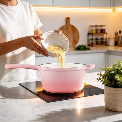 2 Quart Sauce Pan with Lid, Leonyo Small Cooking Pots, Enameled Cast Iron Cookware Set Simmer Pots for Kitchen Induction Boiling Soup, Bread, Ramen - Up to 500°F & Oven Safe, Pink