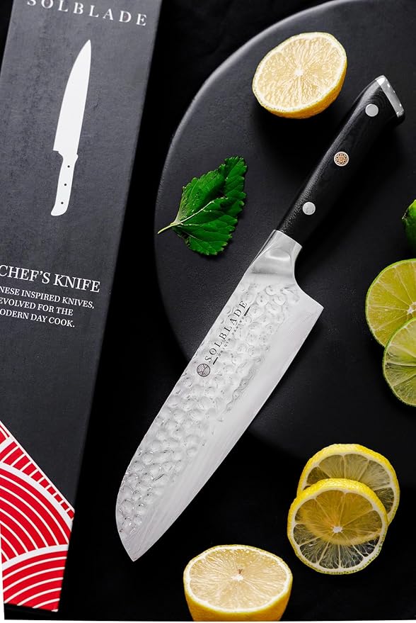 Santoku Knife 7 inch Blade - Origin Series - VG10 Japanese Damascus Steel - Razor Sharp - G10 Black Handle - Professional Full Tang Santoku Knife (Black), ORG-ST-BL-7