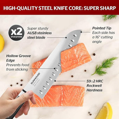 Sunhouse 7 Inch Santoku Knife - Japanese AUS-8 High Carbon Steel Professional Chef Knife - Kitchen Gadgets 2026, Apartment Essentials, Mothers Day Gift for Mom Wife Her