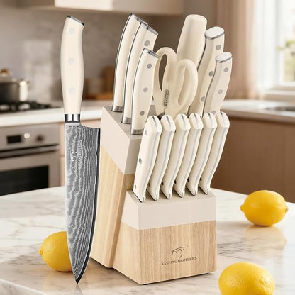 NANFANG BROTHERS Damascus Kitchen Knife Set 14 Pieces with Shears & Sharpener - VG10 Damascus Steel, ABS Ergonomic Handle, Wooden Block Storage White
