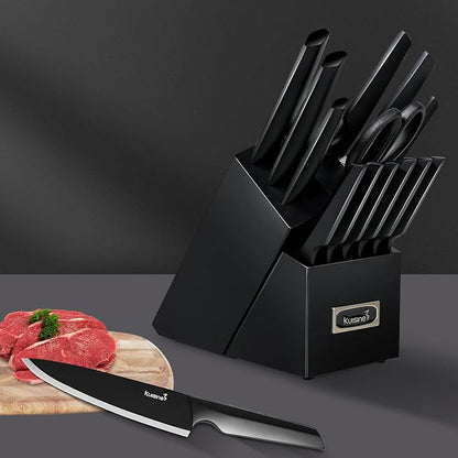 Kuisine Black Knife Set, 15-Piece High Carbon Stainless Steel Ultra Sharp Knife Block Set, Ergonomic Handle with Sharpener for Kitchen(15 PCS Black EX)
