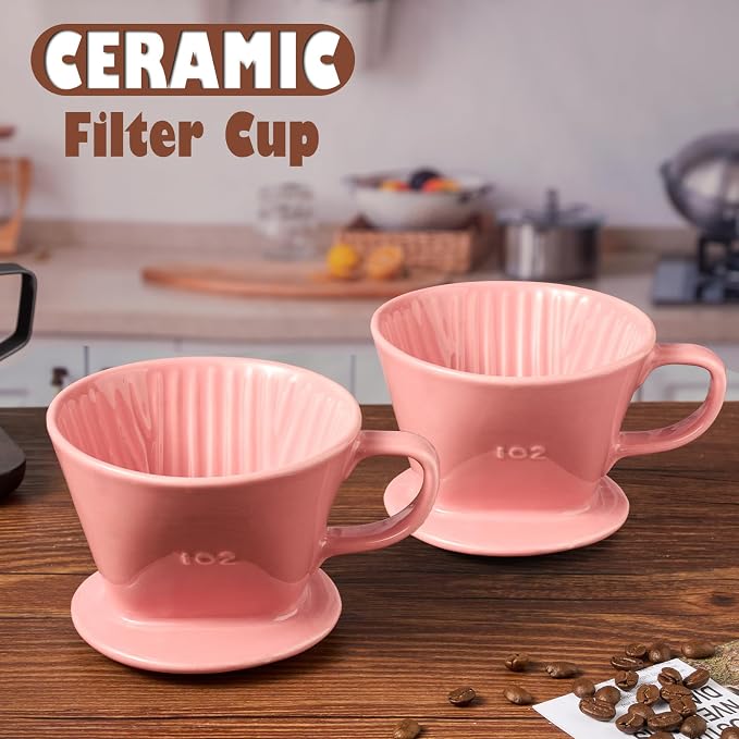 Pour Over Coffee Dripper, Ceramic Pour Over Coffee Maker with 3 Holes Flat Bottom, Easy Manual Brew Maker, Porcelain Slow Filter Cone for Travel, Camping, Office, Home,Pink