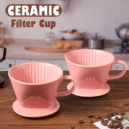 Pour Over Coffee Dripper, Ceramic Pour Over Coffee Maker with 3 Holes Flat Bottom, Easy Manual Brew Maker, Porcelain Slow Filter Cone for Travel, Camping, Office, Home,Pink