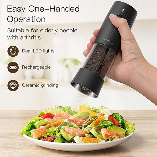 Ultrean Electric Salt and Pepper Grinder Set, USB-C Rechargeable, Salt and Pepper Shakers Spice Mill with 6 Adjustable Coarseness LED Light, Kitchen Appliances for HouseWarming Gifts