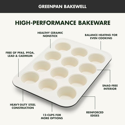 GreenPan Bakewell 12-Cup Muffin Pan, Healthy Ceramic Nonstick Bakeware, PFAS-Free Cupcake Mold, Durable Baking Tray, Versatile Kitchen Essentials, Easy Clean Ovenware, Black