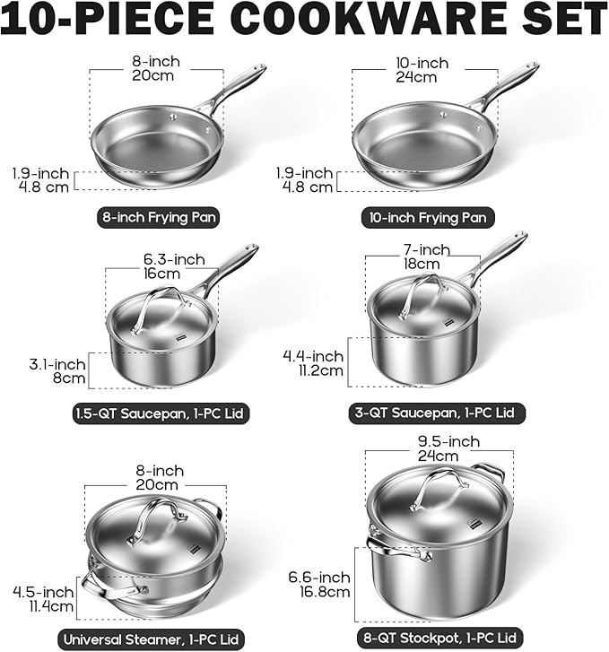 Cooks Standard Multi-Ply Clad Stainless Steel Cookware Set, 10-Piece Pots and Pans with Lids