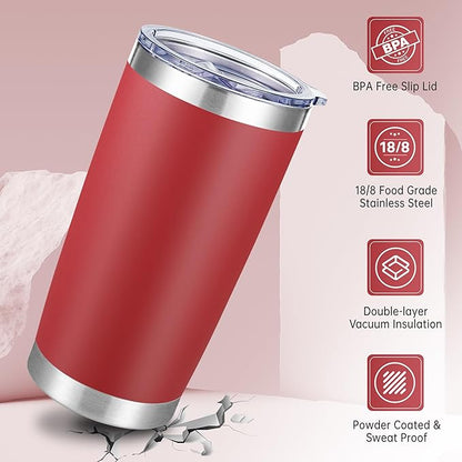 20 oz Tumblers Bulk Stainless Steel Tumbler with Lid Double Wall Vacuum Insulated Coffee Mug 20oz Powder Coated Cup for Hot and Cold Drinks, Red, 6 pack