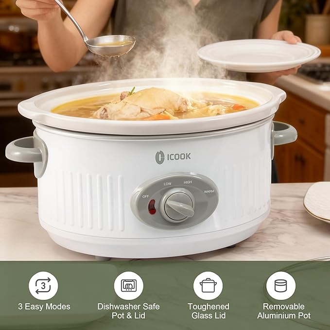4.0 Quart Slow Cooker with Ceramic Nonstick Coating, 3 Heat Settings, Cool Touch Handles, Safe Tempered Glass Lid, Dishwasher Safe for Easy Cleanup, Ivory White