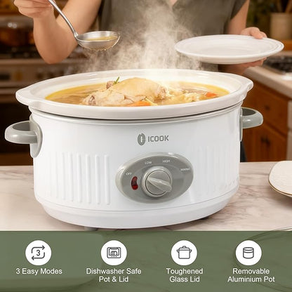 4.0 Quart Slow Cooker with Ceramic Nonstick Coating, 3 Heat Settings, Cool Touch Handles, Safe Tempered Glass Lid, Dishwasher Safe for Easy Cleanup, Ivory White