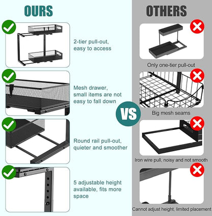 Housolution 2 Pack Under Sink Organizer, 2 Tier Metal Pull Out Under Sink Storage with Sliding Mesh Drawers, Height Adjustable Slide Out Under Sink Organizer for Kitchen Bathroom Cabinet, Black