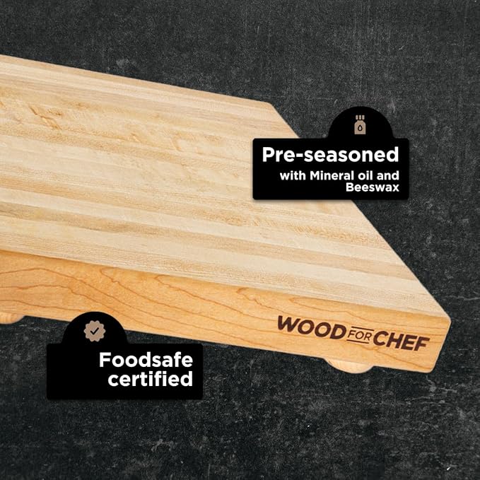 WoodForChef Hardwood Butcher Block with Feet - Hard Maple Edge Grain Cutting Board with Dual Pairs of Wooden and Rubber Legs - Elevated Chopping Board for Precision Cutting - 12x12x1.5 inches (Square)