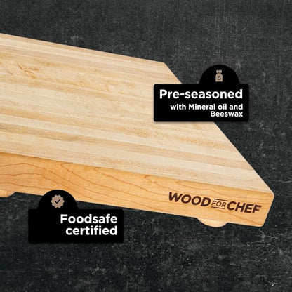 WoodForChef Hardwood Butcher Block with Feet - Hard Maple Edge Grain Cutting Board with Dual Pairs of Wooden and Rubber Legs - Elevated Chopping Board for Precision Cutting - 12x12x1.5 inches (Square)