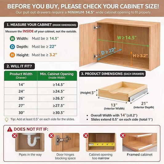 Menkxi 2 Set Wooden Pull out Cabinet Organizer Fully Assembled Slide out Pantry Drawer with Gentle Close Storage Shelf Tray for Base Kitchen Under Sink Bathroom (Wood Color,14'' X 21'' X 3'')