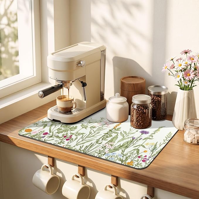 LOKHOM Dish Drying Mat for Kitchen Counter, 12"x20" Absorbent Coffee Bar Mat with Spring Summer Herb Plant, Wildflower Floral Dish Drainer Rack Mat for Kitchen Counter
