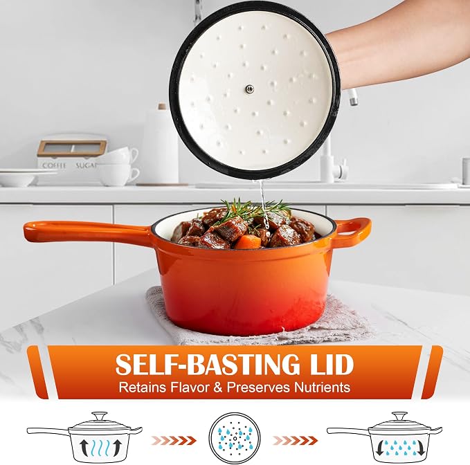 E-far Sauce Pan Set with Lid, 1Qt & 2Qt Enameled Cast Iron Pot Sets for Kitchen Cooking, Small Heavy Duty Dutch Oven Saucepans & Self-basting Lids, Induction-Ready & Easy Clean, Orange