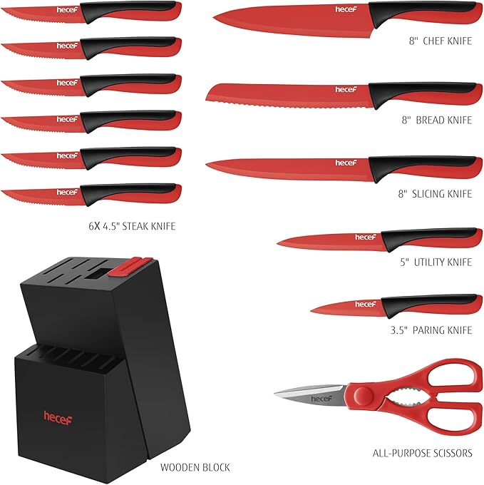 hecef 14 Pieces Kitchen Knife Set with Built-in Sharpening Wooden Block, Dishwasher Safe, High Carbon Stainless Steel Knife Block Set with Steak Knives, Kitchen Scissors (Red)