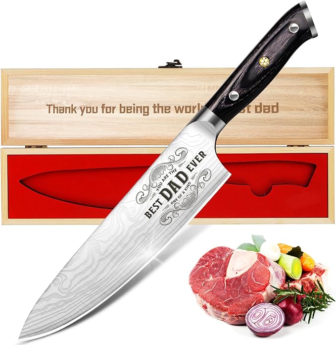 Funistree Gifts for Men Fathers Day from Daughter Wife Son, Dad Gifts Best Dad Ever Kitchen Knife Gift Set with Wooden Box, Birthday Gifts Ideas for Men Husband, 8" Professional Chef Knife