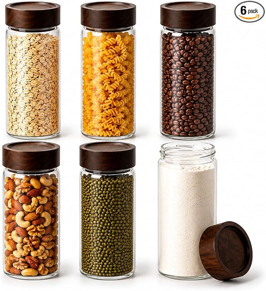 Wide Mouth Glass Storage Jars With 3" Acacia Wood Lids - 6 Pack of 16.9 Oz Airtight Food Storage Containers - Borosilicate Glass Canisters for Kitchen - Pantry Organizers Storage for Flour Rice Coffee