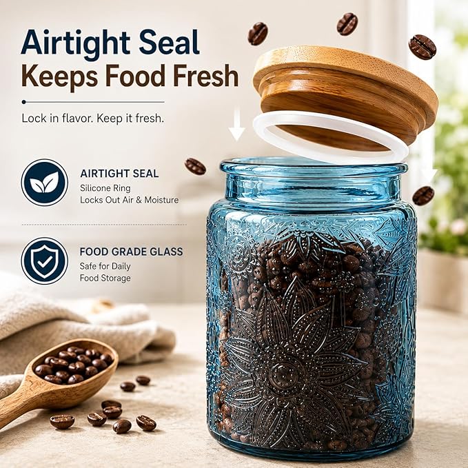 ANSQU 2 Pack Blue Glass Canisters with Lids, 23.7 oz Vintage Embossed Glass Jars, Airtight Food Storage Containers for Coffee Beans, Tea, Sugar, Candy, Cookies, Decorative Kitchen Pantry Organizer