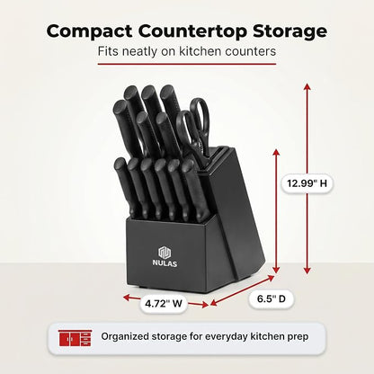 Knife Set, 15-Piece Kitchen Knife Set with Block and Built-in Sharpener, Dishwasher Safe, Non-slip Handle, 6 Steak Knives, Black