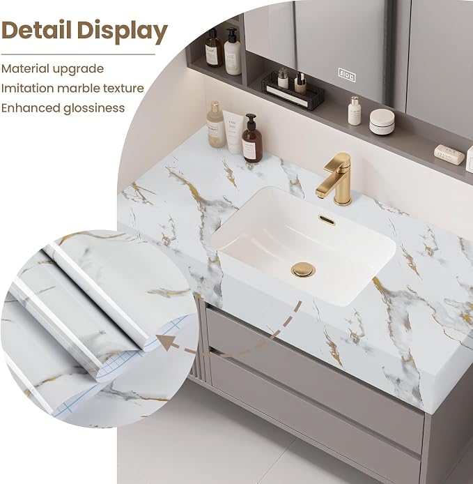 practicalWs Glossy Marble Wallpaper Peel and Stick White/Gold Granite Contact Paper Removable Wall Paper for Kitchen Countertop Cabinet Furniture 17.7" x 78.7"