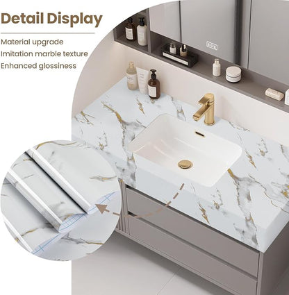 practicalWs Glossy Marble Wallpaper Peel and Stick White/Gold Granite Contact Paper Removable Wall Paper for Kitchen Countertop Cabinet Furniture 17.7" x 78.7"