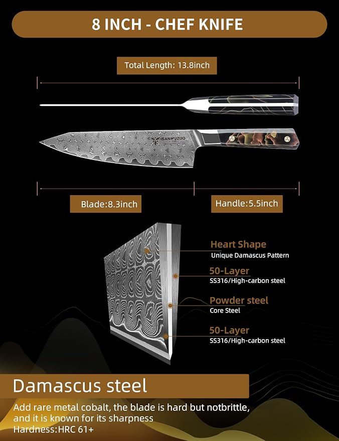 Kitchen Chef Knife 8 Inch, Professional Kitchen Knife, Ultra Sharp Damascus Powder Steel with Full-tang Resin Handle, Bi Series