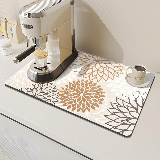 Findosom 2PCS 16" x 24" Dish Drying Mat & 24" x 5.5" Sink Splash Guard, Super Absorbent & Cuttable Dish Mat Drying Kitchen Mat with Brown Floral, Hide Stain Drying Mat for Kitchen Counter