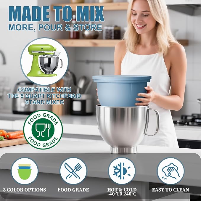GuanQiao Silicone Bowl Liners for 5 Qt KitchenAid Mixers, 3 Liners with Lids, Blue/Beige/Green