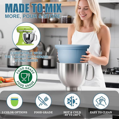 GuanQiao Silicone Bowl Liners for 5 Qt KitchenAid Mixers, 3 Liners with Lids, Blue/Beige/Green