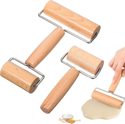2 Pcs Baking Wooden Rolling Pins Non-Stick Baker Pastry Roller Set T-shape Pizza Dough Roller Pin for Tortilla Cookie Dumpling Home Kitchen Baking Cooking(Double-headed + single-headed small)