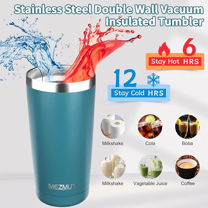 MEZMUT 20oz Tumbler Coffee Travel Mug with Daul Lid and Straw, Stainless Steel Double Wall Vacuum Spill Proof Insulated Tumbler, Hot or Iced Coffee Cups for Drinks (1Pack, Maya Blue)