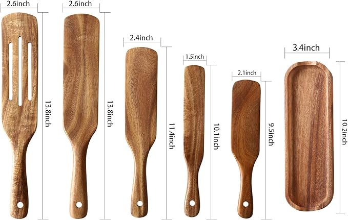 Wooden Spurtle Kitchen Utensils,QWKIT 6 Pcs Premium Natural Teak Wood Slotted Spurtle Spatulas Spoons Set for Nonstick Cookware Kitchen Cooking Heat Resistant Non Stick (with holder)