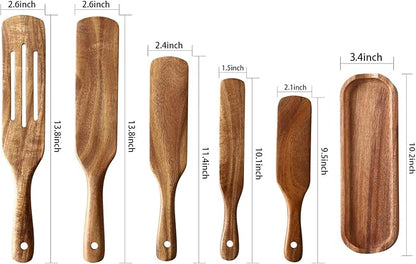 Wooden Spurtle Kitchen Utensils,QWKIT 6 Pcs Premium Natural Teak Wood Slotted Spurtle Spatulas Spoons Set for Nonstick Cookware Kitchen Cooking Heat Resistant Non Stick (with holder)