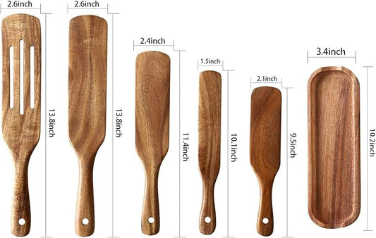 Wooden Spurtle Kitchen Utensils,QWKIT 6 Pcs Premium Natural Teak Wood Slotted Spurtle Spatulas Spoons Set for Nonstick Cookware Kitchen Cooking Heat Resistant Non Stick (with holder)