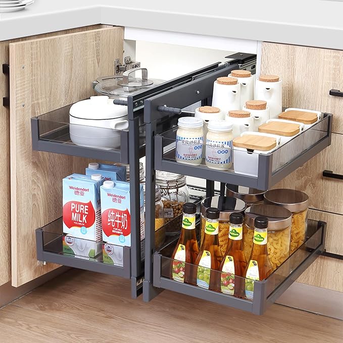 Gdrasuya10 Modern Blind Corner Cabinet Pull Out Organizer, 15" Opening Blind Cabinet Organizer 2 Tier Pull Out Shelf Organiser for Kitchen Cabinét Slide Out Organiser for Right or Left Open