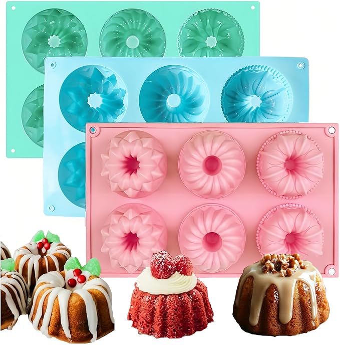 3pcs Mini Fluted Cake Pan,6-Cavity Fluted Tube Cake Pan,Silicone Cupcake Molds for Baking, No-nstick Cupcakes Mold for chocolate/Brownies/Jello