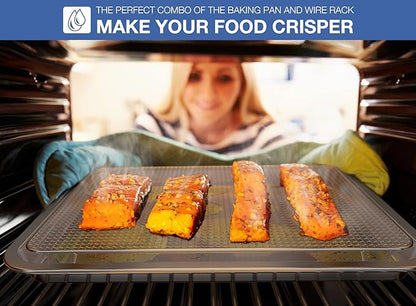 Baking Sheet with Wire Rack Set, 15.35''x 11.5'' Stainless Steel Cookie Sheet and Cooling Rack, Non-stick Cooking Pan with Grease Mesh Strainer Kitchen Bakeware for Smoker and Grills,Oven Safe