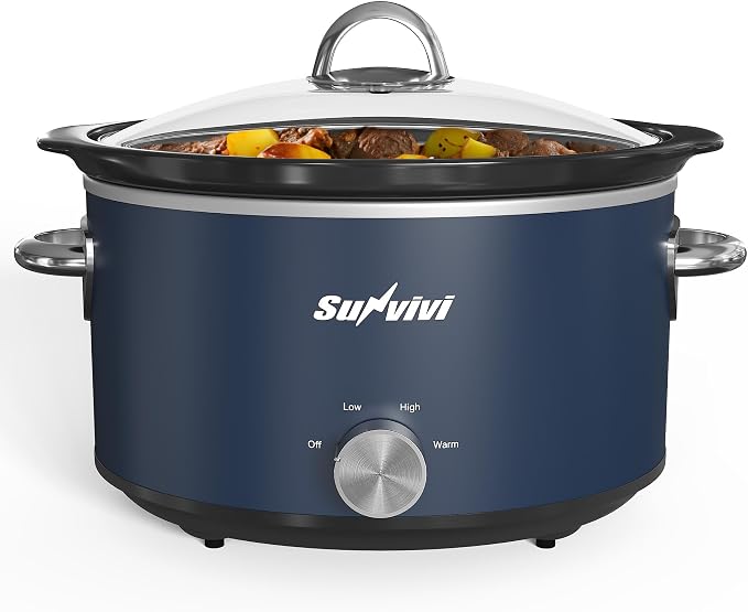 Sunvivi 4 Quart Slow Cooker & Mini Food Warmer with 3 Heating Settings, Removable Ceramic Pot, Dishwasher Safe Glass Lid, Stainless Steel, Blue