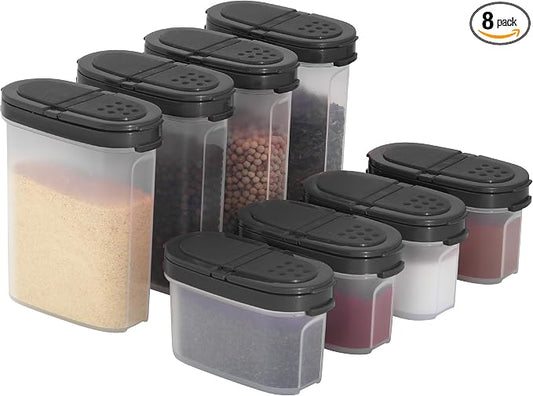 SIGNORA WARE Plastic Spice Containers – Spice Jar Set 8 Pack, 4 Mini, 4 Large – Spice Jars to Store Spices, Herbs, Marinade, Sugar, Salt, Pepper – Refillable Airtight Small Spice Jars with 2 Way Lids