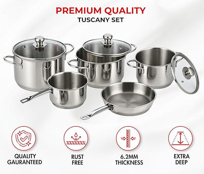Vinod Stainless Steel Induction Friendly Tuscany Set 5 Pieces - Saucepan (14 cm/1.3 Litre), 3 Cassseroles (14 cm,16 cm & 18 cm/1.3,2 & 2.8 Litre), Frypan (18 cm) & 3 Glass Lids