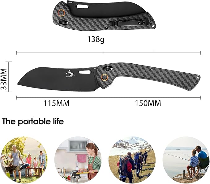SENBON foldable chef's knife, AUS-8 stainless steel with black titanium plating, carbon fiber handle with back clip, portable outdoor folding Santoku knife