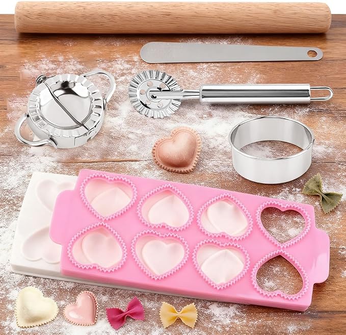 8PCS Ravioli Maker Press Set,Ravioli Stamp Maker Cutter with Wood Rolling Pin,Empanada Maker-Press,Ravioli Wheel and Stuffing Spoon,for Homemade Pasta,Dumpling,Pastry Kit(Pink)