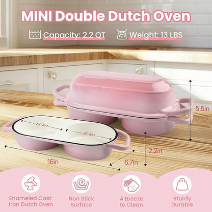 YONILL Mini Double Dutch Oven for Sourdough Bread Baking - Enameled Cast Iron Dutch Oven Pot with Lid and 5" Banneton Bread Proofing Basket Kit, Dual Round Bread Loaf Pan for Homemade Baking (Pink)