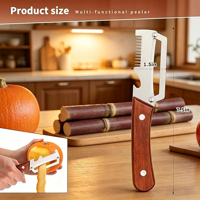 2PCS Multifunction Vegetable Peeler for Kitchen, Stainless Steel Fruit & Potato Peeler with Bottle Opener and Wooden Handle, 3-in-1 Kitchen Gadget for Carrot, Pumpkin, Cucumber and Veggie
