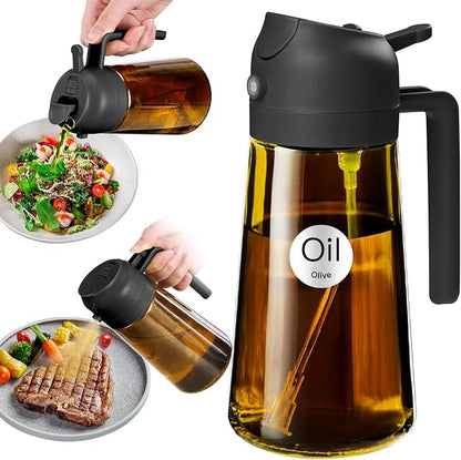YARRAMATE 16oz/470ml Light Blocking Oil Sprayer for Cooking with Stickers, Food-Grade 2 in 1 Olive Oil Dispenser Bottle for Kitchen, Premium Dark Amber Glass Oil Bottle for Air Fryer, BBQ (Black)